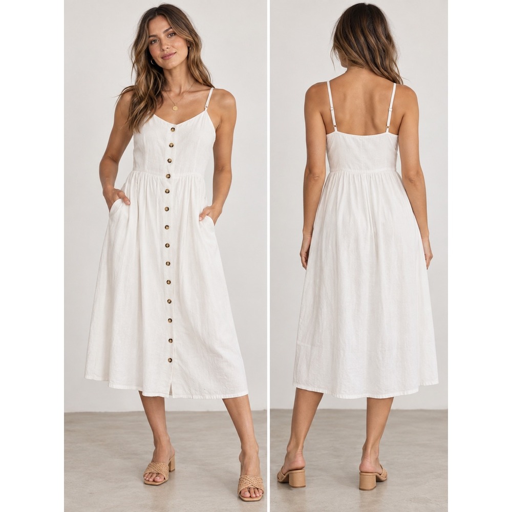H&M Button Front Midi Dress Womens Size 6 White Linen Blend Sun Dress